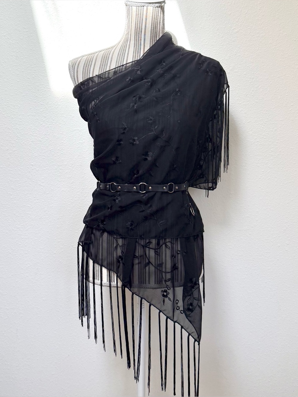 Vintage Bill Blass Black Embroidered Whimsygoth Fringe Shawl Wrap